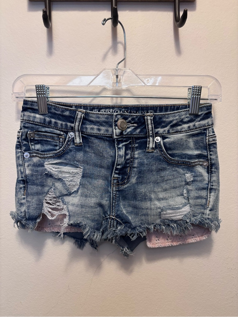 American Eagle Outfitters Distressed Blue Denim Shorts with Pink Lining